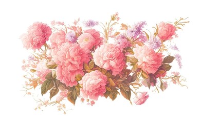 Watercolor pink peonies isolated on white background.