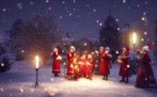 Christmas Caroling Or Carolers Singing Outside With Snow.Angel Group Singing Carol Song On Celebration Of Christmas Winter Time.Angel Sing To Noel's Children In The Church Light Festival. Blurred.	
