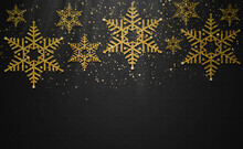 Merry Christmas And Happy New Year. Gold Glitter Snowflake Black Background.