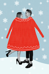 Poster - Xmas banner collage of two people lady guy have romantic feelings cuddle under warm oversize sweater pullover on snowy background