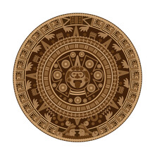 Maya Element Cartoon Vector Illustration. Icon Of Ancient Round Ritual Stone Shield. Ethnic Culture, Mexico Art, Inca Idol, Chichen Itza Artifact Concept