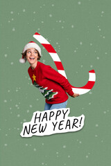 Sticker - New year postcard collage of funny lady hold sugar candy cane happy christmas season sales on green color background