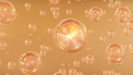 Wall Mural - 3d rendering cosmetics golden serum bubbles on defocus background. collagen bubbles design. moisturi