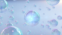 3D Rendering Cosmetics Blue Serum Bubbles On Defocus Background. Collagen Bubbles Design. Moisturizing Essentials And Serum Concept. Vitamin For Health Care And Beauty Concept. 