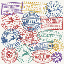 Santa Claus Stamp Set. North Pole Workshop Elf Design Vector Art Round Seal Christmas.
