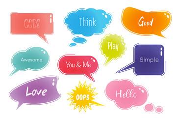 Aufkleber - Speech bubbles set in cartoon design. Bundle of different shapes of dialog windows with inscriptions like Hi, Think, Good, Awesome, Hello, Play and other isolated flat elements. Illustration