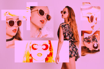 Wall Mural - Sunglasses on a girl, a model advertises glasses, a collage, a lot of stylish photos. Woman posing with sunglasses Pink toning and pop-art.