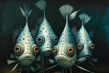 Wall Mural - Digital surreal painting of cute comic fishes, mackerels with big eyes