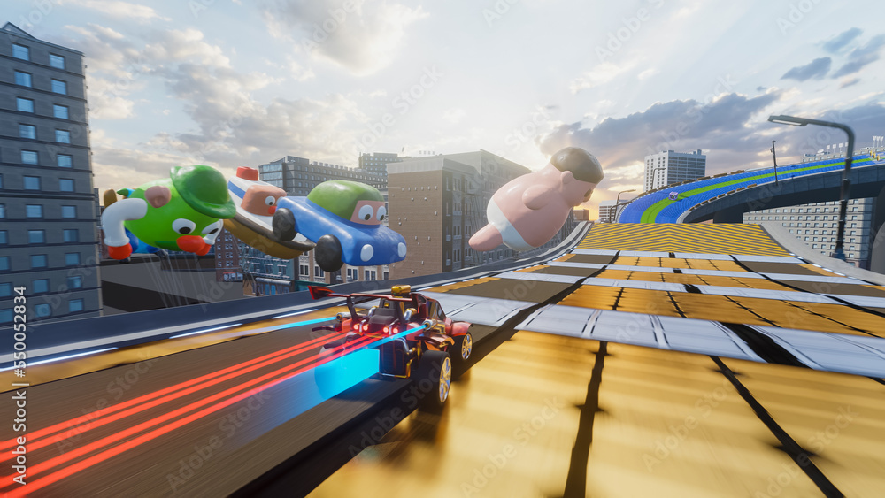 Video Game Raceway Off-Road Racing Arcade Video Game Level in Chaotic City. Computer ...