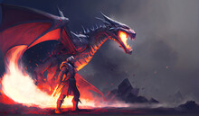 Fire Dragon With Knight Army Fantasy Black Winged Dragon Illustration, Fire Breathes Explode From A Giant Dragon On A Heroic Medieval Knight On A Horse In A Black Night, The Epic Battle Fantasy Game.