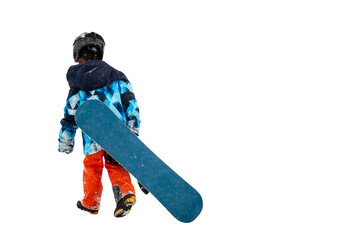 Person with snowboard on the snow. One Asian child is walking with transparent background.