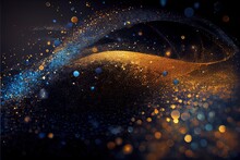 Background Of Abstract Glitter Lights. Gold And Black Abstract Energy Of Wave Particles 
