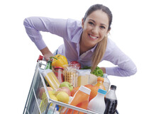 PNG File No Background Cheerful Woman Pushing A Full Trolley