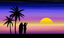 Tropical Beach Landscape With Surfing Girl And Palm Trees In 80's Synthwave Retro Style. Outrun Panoramic Design. Sea Side, West Coast, Miami Vibes. Vintage View With Sunset. 