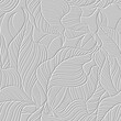 Leafy white 3d lines seamless pattern. Tropical floral background. Repeat textured white vector backdrop. Surface emboss leaves. 3d endless ornament with embossing effect. Leafy embossed texture