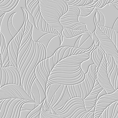 Wall Mural - Leafy white 3d lines seamless pattern. Tropical floral background. Repeat textured white vector backdrop. Surface emboss leaves. 3d endless ornament with embossing effect. Leafy embossed texture