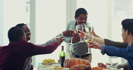 Wall Mural - Man, cheers and friends toasting at dinner table for friendship, gathering or celebrating new year at home. Happy people proposing a toast in celebration, speech or thanksgiving dinner at the table