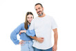 teen girl with monoparental father on studio white background