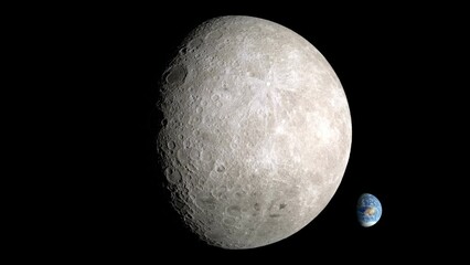Wall Mural - simulation view from the moon's far side, camera is to the moon's surface. earth and sun spinning ar