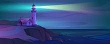 Illustration, A Lighthouse On A Rock Shines Into The Night Sea.