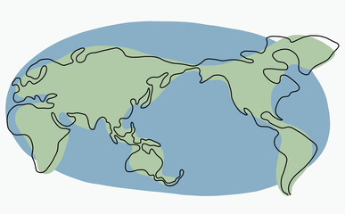 Poster - Continuous freehand drawing world map.