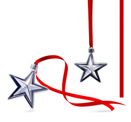 Wall Mural - christmas composition with silver star decorations with red silk ribbon; christmas design elements i