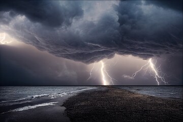 massive lightning over ocean in a dark and evil looking scenery, generative ai