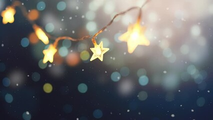 Wall Mural - christmas stars lights with falling snow, snowflakes, winter and new year holidays
