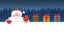 Santa Claus Holding Empty Sheet. Cute Cartoon Santa Claus. Christmas Concept. Vector Stock. Blue Background Presents Box
