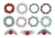 © Diana Kovach - Christmas hand drawn wreath with poinsettia, leaves, branches, berries, holly, pine cone. Winter floral cozy collection. Vector frames and arrangement. Happy New Year illustration isolated on a white
