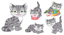 Set Of Cute Grey Cat Cartoon Vector Illustration