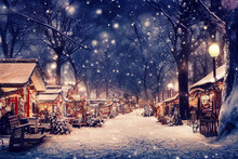 Picturesque Snowy Christmas Village , Decorated For The Festive Holidays, With Warm Lighting And Bokeh.