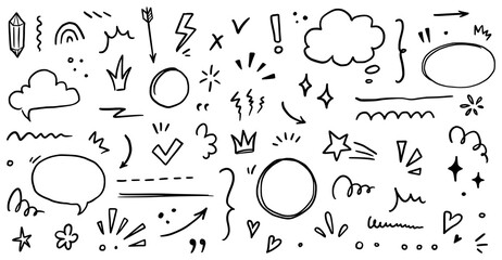 Sketch underline, emphasis, arrow shape set. Hand drawn brush stroke, highlight, speech bubble, underline, sparkle element. Vector illustration.