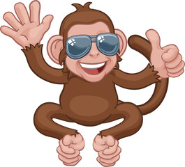 Sticker - Monkey Sunglasses Waving Thumbs Up Cartoon Animal