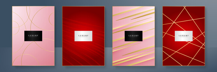 Abstract red gold cover flyer background with line. Abstract red luxury background with golden line, paper cut style 3d. Modern dark red and gold cover abstract background. Vector Illustration