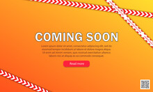 Template Of Website Page With 3d Striped Red-white Warning Line, Red Button And Qr Code. Orange Vector Banner With White Text - Coming Soon. Under Construction, Maintenance, Website Repair Background 
