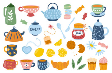tea time or coffee set with cute cartoon cups, mugs, teapots, spoons, tea bag, infuser, sweets, suga