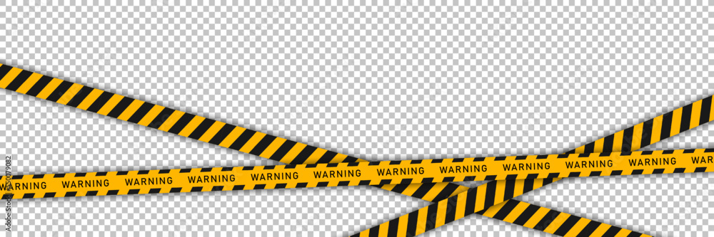 Yellow barricade tape with black diagonal stripes and text "WARNING ...