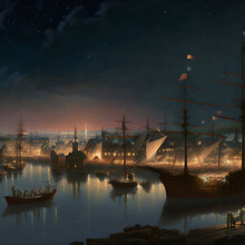 A Busy Renaissance Era Harbor At Twilight With The Stars Above. [Digital Art Painting, Sci-Fi Fantasy Horror Background, Graphic Novel, Postcard, Or Product Image]