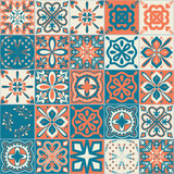 Fototapeta Kuchnia - Ceramic tile design orange blue contrast color, square ceramic tiles in Spanish Azulejo