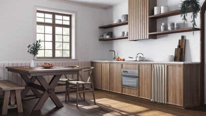 Sticker - Farmhouse wooden kitchen and dining room in white and dark tones. Cabinets and table with chair. Parquet floor. Wabi sabi interior design