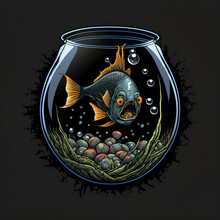Piranha In A Goldfish Bowl, Isolated On A Black Background. T-Shirt Design.  [Digital Art Painting, Sci-Fi Fantasy Horror Background, Graphic Novel, Postcard, Or Product Image]