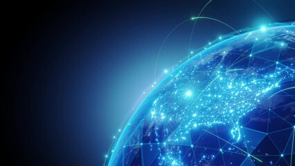 4K resolution, Futuristic world, animated green lines connected, blue grid lines forming triangles, the position of the object is at the right corner to avoid copy space, speed inter data.