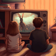 Wall Mural - Nostalgic Graphic Novel Image of a Boy and a Girl Watching a Rabbit Cartoon on a CRT Television in 1980s America. [Digital Art Painting, Sci-Fi Fantasy Horror Background, Graphic Novel, Postcard, or P