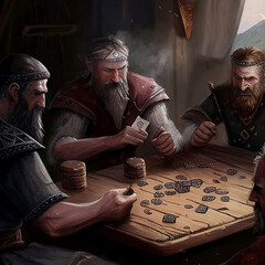 Vikings Gambling at a Medieval Inn. [Digital Art Painting, Sci-Fi Fantasy Horror Background, Graphic Novel, Postcard, or Product Image]