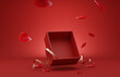 3D podium, display, background. Red, surprise, open gift box. Rose flower falling petals. Luxury cosmetic product presentation. Abstract, love, valentines day or woman's day. 3D render birthday mockup