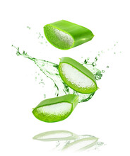 Aloe Vera Plant Isolated On White Or Transparent Background. Slices Of Aloe Vera Plant And Splash Of Juice Or Gel