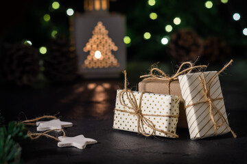 christmas background with branches, cones, garland and christmas decorations.