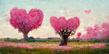 The Romantic Landscape Is A Beautiful Symbol Of Love With Heart-shaped Trees And Pink Flowers, The Color Of Love. The Concept Of Romance Is Associated With Valentine's Day.