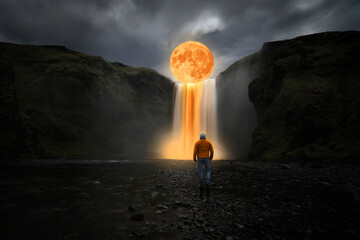 Wall Mural - man observing a waterfall with a full moon